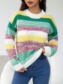 SHEIN Essnce Women's Round Neck Striped Loose Fit Pullover Sweater