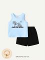 Cozy Cub Baby Boy Coconut Tree & Slogan Print Round Neck Vest Top And Shorts Set