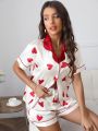 Notched Collar Contrast Binding Heart Print Satin PJ Set