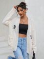 Letter Embroidery Dual Pocket Drop Shoulder Duster Cardigan