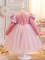 Toddler Girls' Pink Bubble Embroidery & Sequin Embellished Princess Dress Suitable For Performances, Weddings, Parties And Holidays