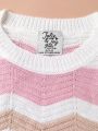 Girls' Colorblock Wave Pattern Round Neck Sweater