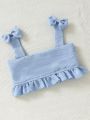 Baby Girl Fresh Soft Comfortable Light Blue Set With Bow Decoration, Flounce Hem Wide Strap Top And Pants, Cute And Trendy Outfits