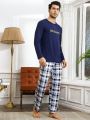 Men'S Letter Printed Long Sleeve Checkered Pants Homewear Set