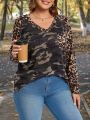 SHEIN LUNE Plus Size Camouflage & Leopard Print V-neck T-shirt