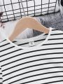 SHEIN Kids HYPEME Girls' Striped Knitted Short Sleeve T-Shirt For Daily Wear And Street Style