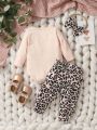 Infant Girls' Lace Trimmed Triangle Bodysuit & Leopard Bow Print Footed Pants Set, Cute Casual Street Style For Spring