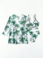 3pcs/Set Little Girls' Tropical Print Cross Wrap Bikini Swimsuit Set With Kimono Cover-Up