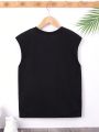 SHEIN Boys' Casual Street Style Cool Printed Round Neck Sleeveless Knitted Vest Top With Loose Fit