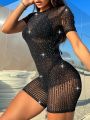 Women'S Sexy Rhinestone Sheer Mesh Bodysuit