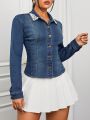 SHEIN ICON Women's Denim Shirt With Beaded Collar And Long Sleeves