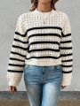 Women's Round Neckline Hollow Out Knitted Striped Sweater