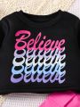 SHEIN Kids CHARMNG Young Girl Letter Graphic Sweatshirt & Flap Pocket Cargo Pants