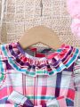 Baby Girls' Colorful Grid Pattern Double Layered Collar Puff Sleeve Sweet Princess Dress For Summer