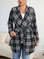 SHEIN Privé Plus Size Plaid Waterfall Collar Coat With Belt