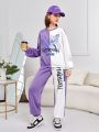 Teen Girl Letter & Butterfly Print Two Tone Drop Shoulder Sweatshirt & Sweatpants