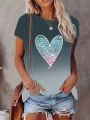 Women's Gradient Heart Pattern Short Sleeve T-shirt