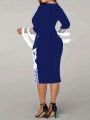 Plus Size Spliced Mesh Printed Dress With Bell Sleeves And Colorful Flowers