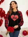 EMERY ROSE Valentine's Day Heart & Checkered Print Raglan Sleeves Casual Sweatshirt