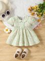 Infant Girls' Casual Comfortable Cute Double-Breasted Ruffle Collar Peter Pan Collar Back Water Droplet Button Decoration Short Sleeve Puff Sleeve Bubble Dress