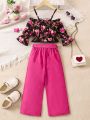 SHEIN Kids CHARMNG Little Girls' Heart & Chain Pattern Printed Off Shoulder Tank Top And Solid Color Pants Set