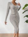 SHEIN Essnce Button Front Ribbed Knit Bodycon Dress