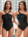 SHEIN Swim Classy Women's Black One-shoulder Backless Strap One-piece Swimsuit