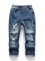 SHEIN Little Boys' Elastic Waist Ripped Jeans For Casual Wear