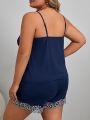 Women's Dark Blue V-neck Camisole Plus Size Pajama Set