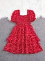 SHEIN Kids FANZEY Tween Girls' Woven Heart Print Pleated One-Piece Dress With Elegant Ruffle Hem