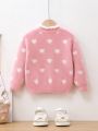 Young Girl Heart Pattern Frill Trim Fuzzy Cardigan