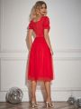 Red Lace A-line Princess Dress With Puff Sleeves And Empire Waist For Daily Wear In Spring/summer