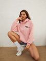 Women's Simple Pink Front Pocket 100% Polyester Hooded Sweatshirt