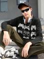 SHEIN Teenage Boys' Casual Comfortable Knitted Long Sleeve T-shirt With Game Controller Pattern