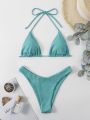 SHEIN Swim Vcay Ribbed Bikini Set Halter Micro Triangle Bra & High Cut Bottom 2 Piece Bathing Suit