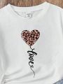 Hearts Leopard Print T-Shirt For Tween Girls, Casual And Simple Short-Sleeved T-Shirt With Round Neck, Suitable For Summer