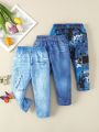 Spring Baby Girl Comfortable Simple Imitation Jeans Printed Pants Three Piece Set