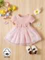 Baby Girl Butterfly Knot Front Bubble Sleeve Embroidery Mesh Princess Dress