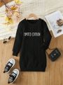 Young Girl Letter Graphic Cable Knit Dress