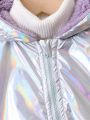 SHEIN Kids EVRYDAY Young Girl Zip Up Teddy Lined Hooded Holographic Jacket Without Sweater