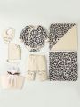 SHEIN Baby Boy'S Multi-Piece Set Of Leopard & Cartoon Cat Print Bibs, Swaddle Blanket And Gift Box