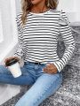 SHEIN LUNE Women's Striped Round Neck T-shirt With Puff Sleeve