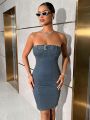 SHEIN BAE Strapless Bodycon Denim Dress With Button Decoration