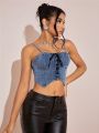 Lace Up Front Asymmetrical Hem Denim Top