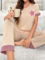 Star Embroidered Short-Sleeve Top And Long Pants Pajama Set