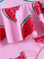 SHEIN Baby Girl Casual Cute Watermelon Pattern Bowknot Decor Strap One-Piece Swimsuit