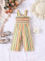 Baby Girls' Colorful Striped Suspender Romper With Smocked Bodice