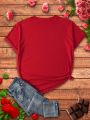 Plus Size Women'S Round Neck Short Sleeve T-Shirt With Heart Print