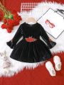 Baby Girls' Velvet Long Sleeve Dress With 3d Flower Applique