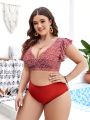 SHEIN Swim Classy Plus Size Printed Swimwear Set With Ruffled Hem And Back Knot Design